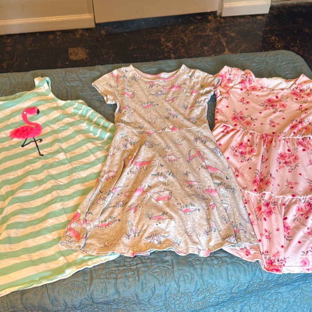 Set of Three Girls' Dresses with Flamingo and Floral Patterns